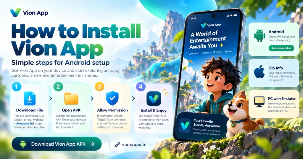 Step-by-step Vion App installation guide for Android showing APK download, file opening, permission setup, and app installation.